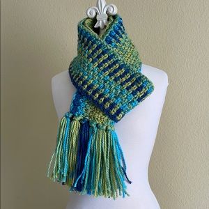 Scarf With Fringes, Greens & Blues. Handmade